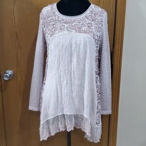 Feratelli dusty light pink lace asymmetric layered long sleeve top floral 3d